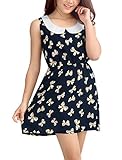 Allegra K Women's Doll Collar Bowtie Pattern Mini Tank Dress XL Pink Dark Blue