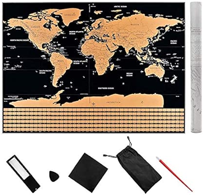 Poster Con Mappa Del Mondo Da Grattare 80 X 60 Cm Con Accessori Da Grattare Inclusi Terra Di Colore Giallo