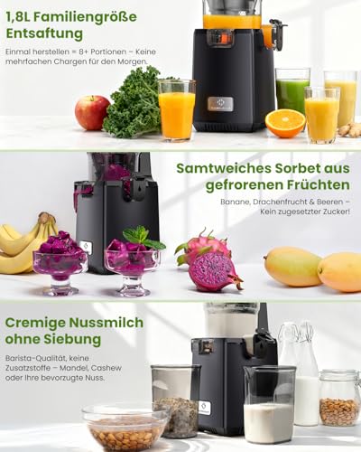 LINKChef Juicer Slow Juicer, 130 mm Large Opening, Juicer Vegetables and Fruit, 1.8 L Capacity, 250 W Electric Juicer with Return Function, Quiet, Easy Assembly, Easy to Clean, BPA-Free