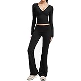 SUUKSESS Women 2 pieces Lounge Sets Long Sleeve V Neck Tops Fold Over Flare Leggings