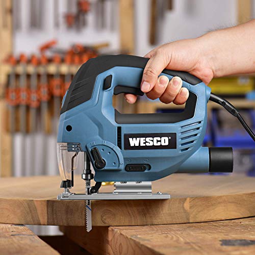 Stichsäge 850W, Elektro Stichsäge & LED, 4-Stufen-Pendelung, 3000SPM, 6-Geschwindigkeitsvorwahl, Schnittwinkel ± 45 ° mit 10 Blättern, Fußplatte aus Aluminium, Motor aus Kupfer WESCO WS3772