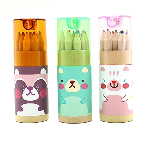HUELE Pack of 3 Cute Cartoon Bear Mini Drawing Colored Pencils with Sharpener, 3.5" Length, Portable, 12 Count in Tube