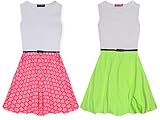 Girls Pink Neon Floral Skater Dress Belted Party Dresses New
