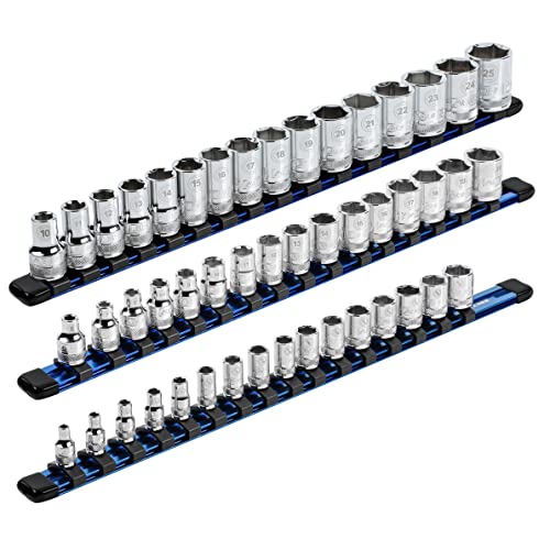 ARES 60041-3-Piece 17-Inch Blue Aluminum Socket Rail Set - 1/4-Inch, 3/8-Inch, and 1/2-Inch Drive Socket Organizers Hold 48 Sockets