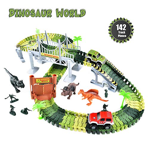 Fulljion Jurassic World Dinosaur Toys Track Racing Playset, 142pcs Building Toys DIY Assembled Track Set 2 Electric Cars(Equipped 2 Batteries), 3 Dinosaurs, 5 Soldiers - Children Christmas Toys