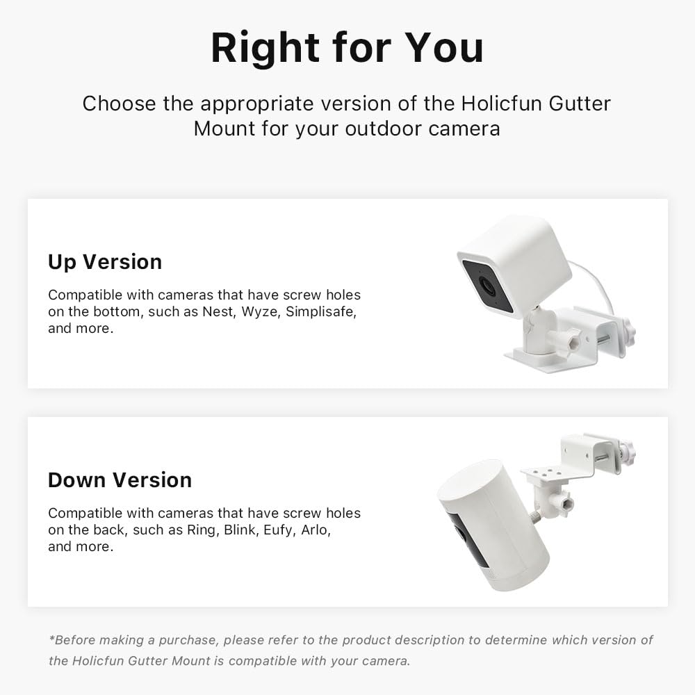 Holicfun Gutter Mount for Ring, Blink, Eufy, and Arlo Outdoor Security Cameras, No-Drill Installation, 360° Adjustable, Weather-Resistant, White