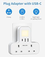 Mscien Double Plug Adaptor with USB C 2 USB A Night Light UK Plug view 3
