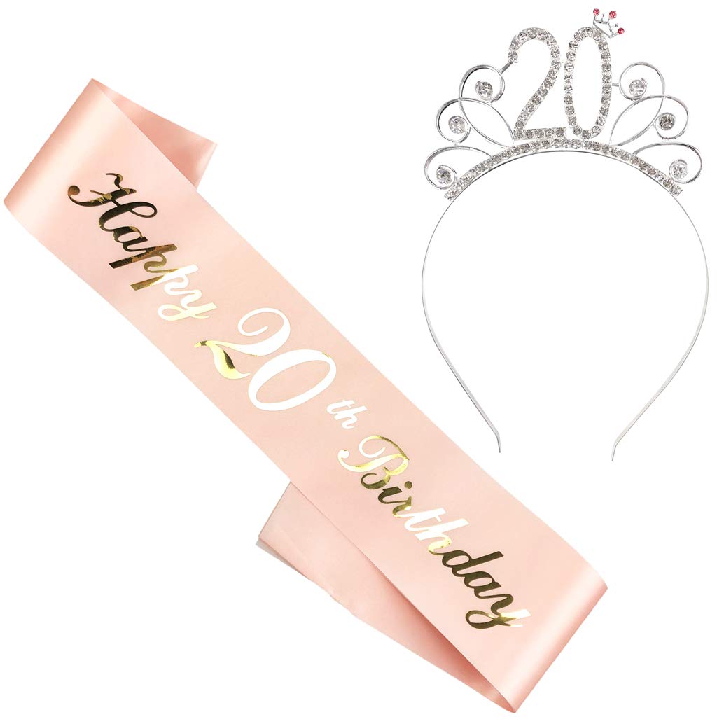 Ouceanwin Crown Sash Tiara Set, Alloy & Crystal Jewelry, Happy 20th Birthday Decoration Accessories for Women & Girls