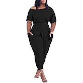 acelyn Casual One Piece Loose Jumpsuit for Women Summer Plus Size Overalls Off Shoulder Pockets Romper