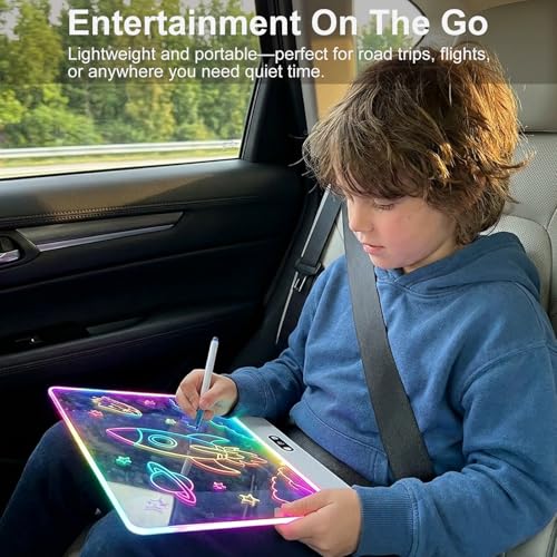 Rechargeable LED Drawing Board for Children with RGB Lights, Large Acrylic Light Mat 35 x 26 cm, 8 Static Colours & 3 Dynamic Modes, Hidden Support for Tracing and Art, White