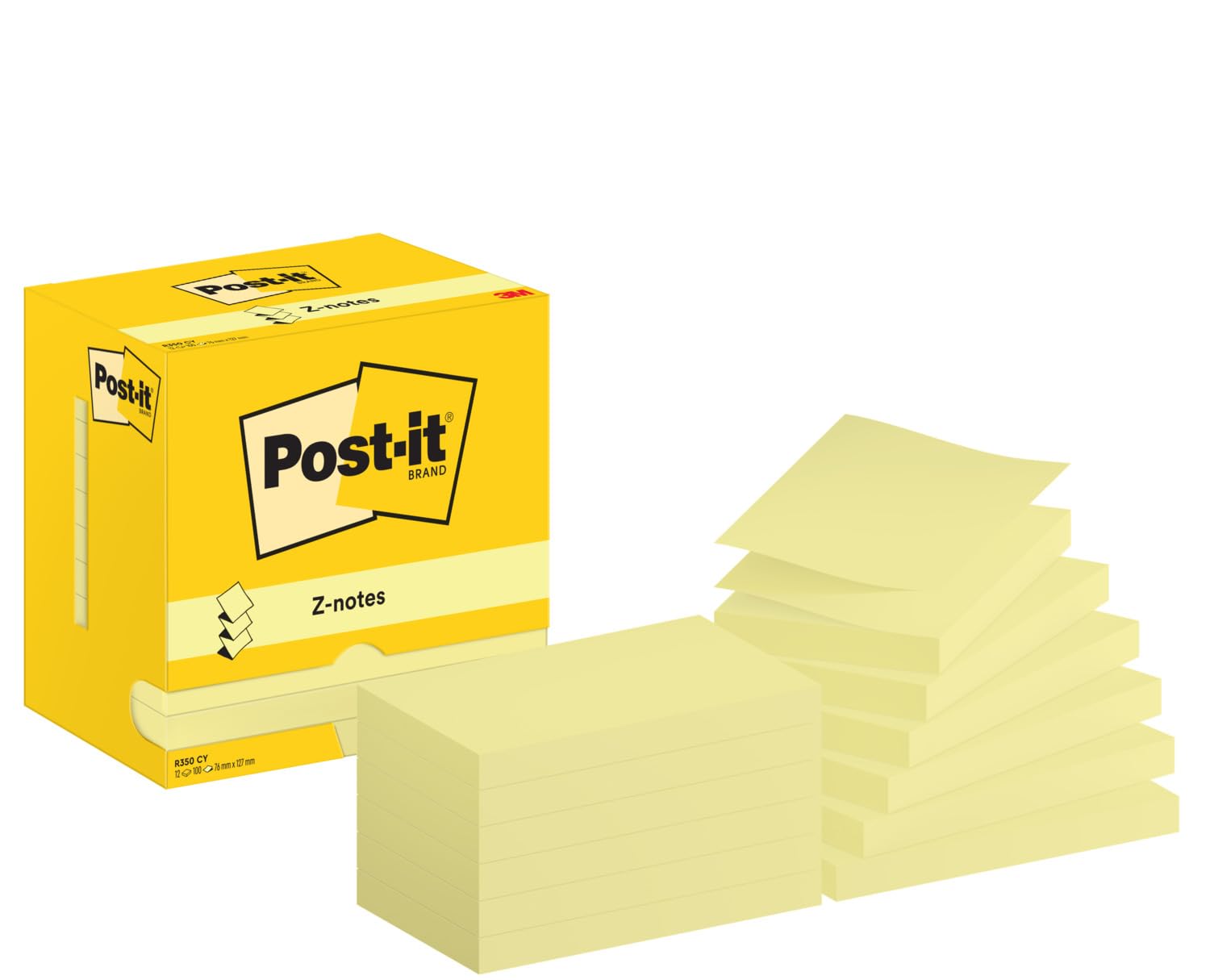 Post-it Z-Notes Canary Yellow, Pack of 12 Pads, 100 Sheets per Pad, 76 mm x 127 mm, Yellow Color - Self-stick Notes For Note Taking, To Do Lists & Reminders
