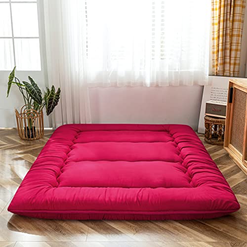 Japanese Floor Mattress Futon Mattress, Thicken Tatami Mat Sleeping Pad Foldable Roll Up Mattress Boys Girls Dormitory Mattress Pad Kids Floor Lounger Bed (Vivacious Magenta, Twin Size)