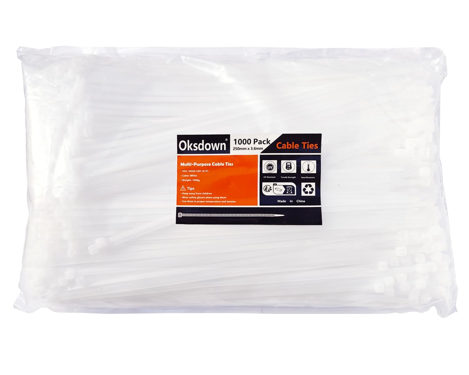 Oksdown 1000 Pack White Cable Ties 250mm×3.6mm Strong Nylon Plastic Self Locking 10 inch/25 cm Clear Long Zip Tie Wraps — image 1