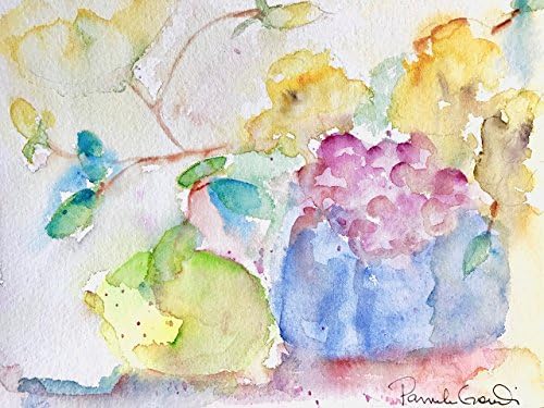 Yellow David Austin Roses, Pink Hollyhocks and Lemon, 6x8 inches; Hand Painted Watercolor, Not a Print