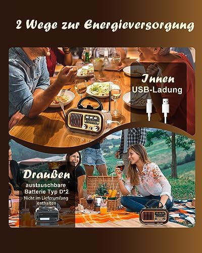 Retro Radio mit Bluetooth, AM/FM/SW Kofferradio, Tragbares Radio mit 1200mAh Akku & D-Batterien, USB/TF, Vintage Radio für Küche, Zuhause, Garten & Camping — Foto 4 von 7