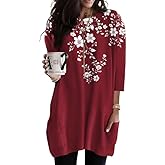 Poetsky Womens 3/4 Sleeve Tunics or Tops to Wear with Leggings Long Shirts Blouses with Pockets S-3XL