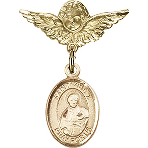 14kt Yellow Gold Baby Badge with St. Pius X Charm and Angel w/Wings Badge Pin 1 X 3/4 inches