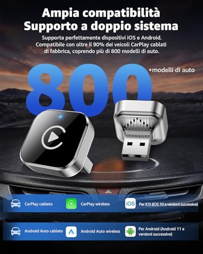 Adattatore CarPlay Wireless e Android Auto Wireless, USB-C/USB-A Plug & Play, Convertitore da Cablato a Wireless, WiFi 2.4G/5G, Connessione Automatica, per iPhone iOS 10+ e Android 11+, Argento