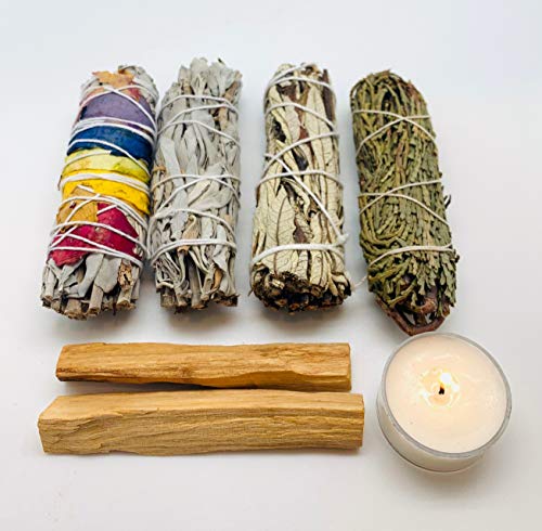 Smudge Kit Spiritual Set - White Sage, Cedar, 7 Chakra Sage, Yerba Santa, Palo Santo, Sandalwood T-Lite Candle - for…