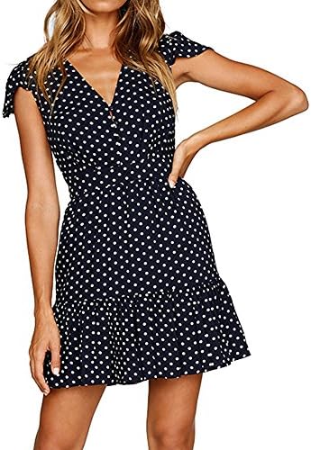 Womens A-Line Short Skirts Short Sleeve V-Neck Polka Dot Wrap Mini Dress Summer Holiday Dress Plus Size