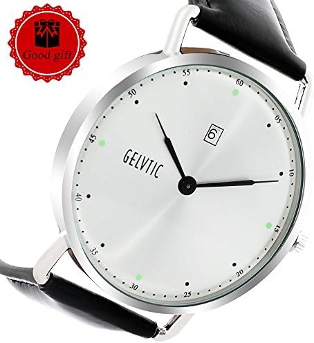 Gelvtic Mens Classic Business Casual Wrist Watches-Quartz Analog Watch with Stainless Steel Back-Black Genuine Leather Strap-Calendar Date Window-Gifts for Men or Boys (Silver-Black)