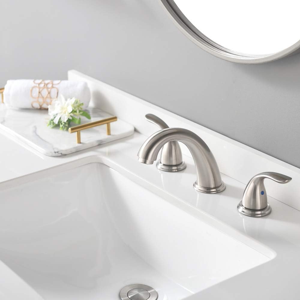 2 Handles 3 Holes Deck Mount Brushed Nickel Widespread Bathroom Faucet by Phiestina, with Stainless Steel Pop Up Drain, WF008-5-BN - - 