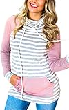 ECOWISH Womens Cowl Neck Stitching Striped Pullover Hoodies Drawstring Long Sleeve Pocket Casual Sweatshirts,US S,Pink