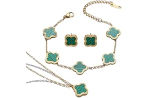 HUGIA Jewelry Set, Minimalist Creative Plant Flower Design Four leaf clover 18K Gold Plated Stainless Steel Pendant Necklace Earrings Bracelet, Elegant Four Leaf Clover Necklace Floral Style Jewelry Gift (include HUGIA BOX)