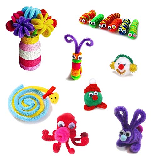 Pipe Cleaners Bulk, 850 Pcs Craft Pipe Cleaners Supplies Set - 300Pcs Chenille Stems, 300Pcs Self-Sticking Wiggle Googly Eyes and 250Pcs Pompoms for DIY School Art Projects, Rainbow Colors