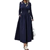 Mieazom Women’s Maxi Dress with Pockets, Long Sleeve A-Line Flowy Full Length Dress Cutout Shoulder, Elegant Casual Outfit