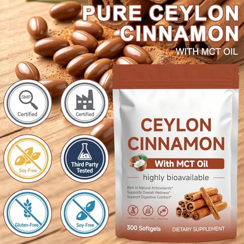 Ceylon Cinnamon Capsules 300 Pcs with MCT Oil, High Bioavailability for Anti-Oxidant, Overall Vitality & Digestive & Metabolic Support, Health Management