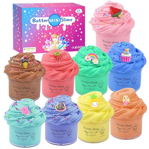Butter Slime Kit 9 Pack, Slime Party Favors with Cute Charms, Bulk Mini Slime Putty Toy for Girls Boys, Soft Stretch, and Non-Sticky for Tactile Stimulation, Prize, Goodie Packs Stuffers for Kids