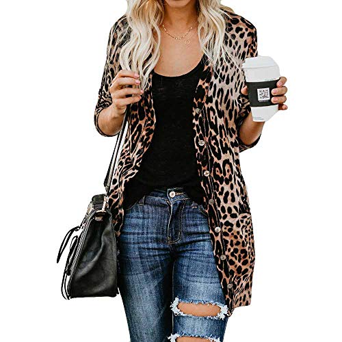 Rambling New Women Long Sleeve Open Front Leopard Knit Long Cardigan Casual Print Knitted Maxi Sweater Coat Outwear Brown