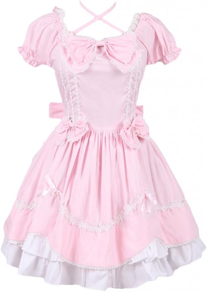 M4U Womens Cotton Pink Ruffles Bow Sweet Lolita Dress