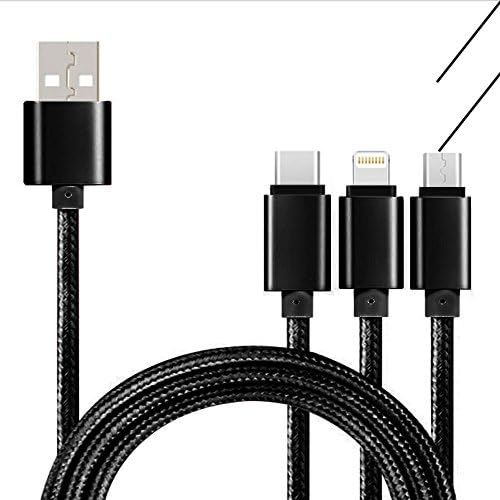 USB cable Premium quality usb charging cable USB 3 in 1 multiple nylon braided fast charging cable USB type c cable 8 pin usb lightning cable micro usb cable For iPhone and Android (Black)