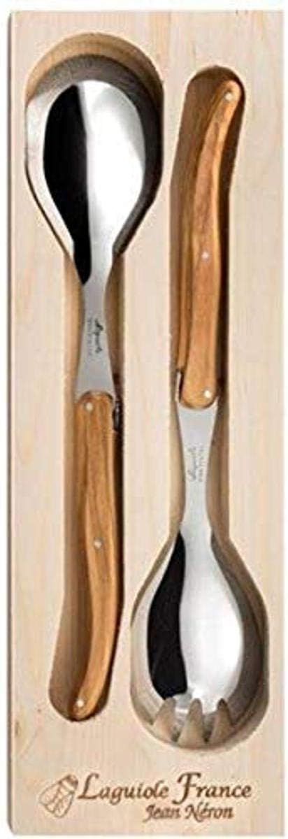 Neron Coutellerie Laguiole Salad Server With Olive Wood Handle In Wooden Box, Silver