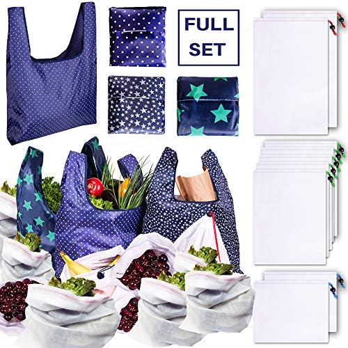 KREESI Reusable Produce Bags Mesh Washable See Through for Vegetables Fruits & Folding Large Shopping Bags Heavy Duty Durable, 12 bags 4 sizes