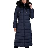 TAHARI Women's Maxi Puffer Coat, Attached Bib, Faux Fur Hood Trim, Hand Warmer Pockets, Long Puffer Coat, Star, Small