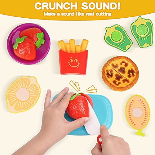 46 PCS Cutting Play Food Toy for Kids Kitchen, Pretend Fruit &Vegetables Accessories with Shopping Storage Basket, Plastic Mini Dishes and Knife, Educational Toy for Toddler Children Birthday Gift