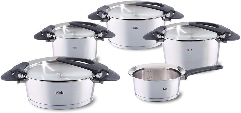 Fissler intensa / Edelstahl-Topfset, 5-teilig, Kochtopf-Set, Töpfe mit Deckel, stapelbar, Abgießhilfe, Induktion, alle Herdarten (3 Kochtöpfe, 1 Bratentopf, 1 Stielkasserolle-deckellos)