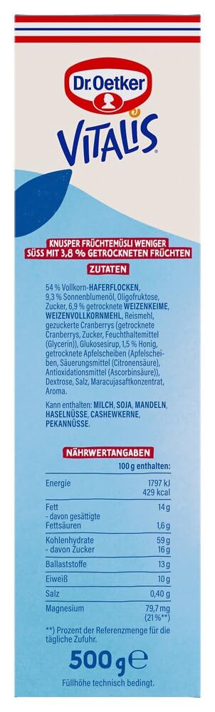 Dr. Oetker Vitalis Weniger Süß Knusper Frucht: Knuspermüsli mit Cranberries und Apfelscheiben, 6er Packung, (6 x 500g) 6