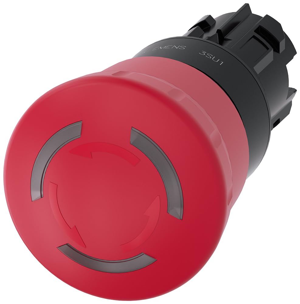 Siemens 3SU1001-1HB20-0AA0 Emergency Stop MUSHR. PUSHB., CAN BE Illuminated, 22MM, Round, Plastic, RED, 40MM, Positive Latching, Rotate to UNLATCH, White