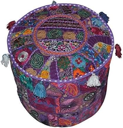 ROYAL RAJASTHAN TEXTILE Rajasthani Jaipuri Handcrafted Handmade Cotton Patchwork Embroidered Ottoman Stool Pouf Cover, (18X18X12, Purple)
