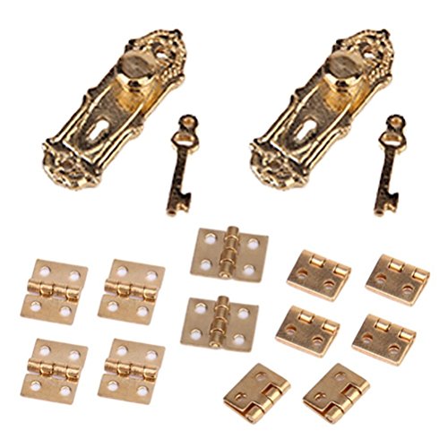 WINOMO 2 Pack 1/12 Dollhouse Miniature Vintage Door Lock + Keys + 12pcs Hinges (Golden)