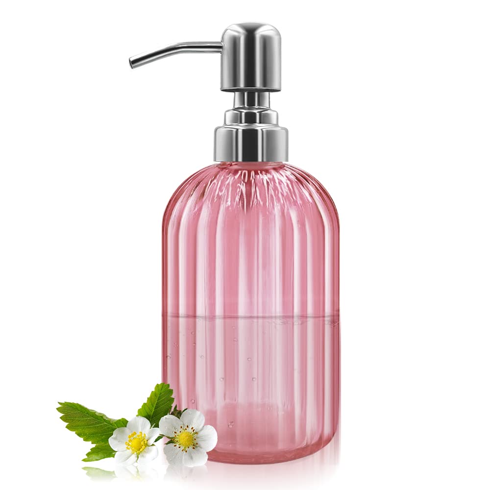 14 Oz Glass Soap Dispenser with 304 Rust Proof Stainless Steel Pump, Refillable Hand Liquid Soap Dispenser for Bathroom, Kitchen， Countertop, Laundry Room (Pink)