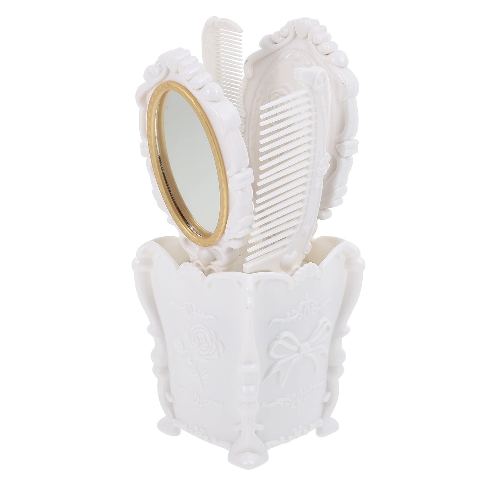 Lurrose 5 Piece Vintage Hair Brush and Mirror Set with Matching Holder - Professional Detangling Paddle, Vent, Curling Brush & Handheld Mirror - Retro Vanity Decor Gift for Women & Girls