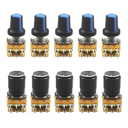 WayinTop 10pcs B50K 50K Ohm Knurled Shaft Dual Potentiometer Linear Taper Variable Resistor with Knob Nuts and Washers (Dual Linear B50K)