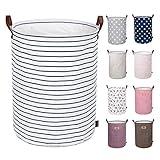 DOKEHOM 22-Inches Thickened X-Large Laundry Basket -(9 Colors)- with Durable Leather Handle, Drawstring Waterproof Round Cotton Linen Collapsible Storage Basket (Blue Strips, XL)