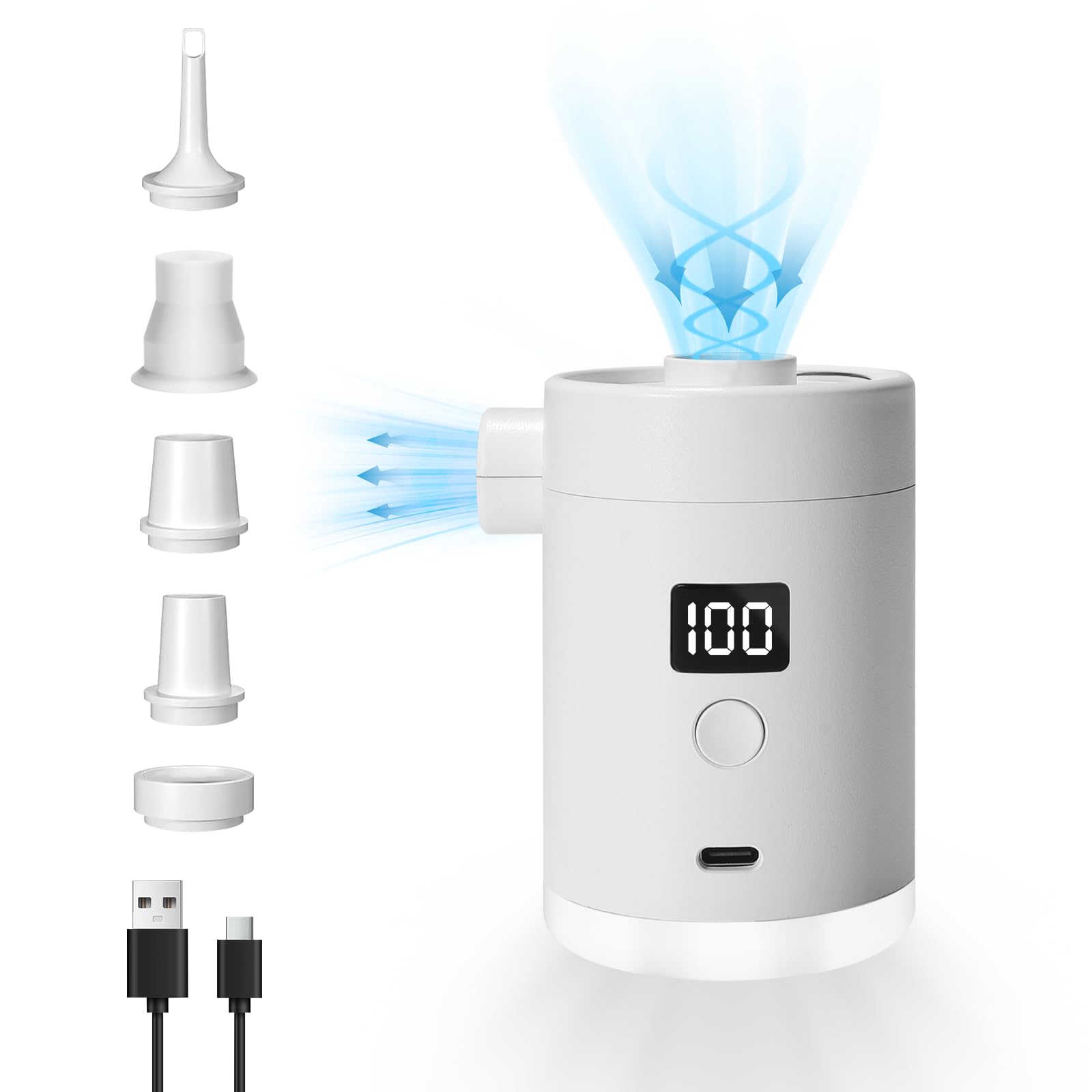 Photo 1 of Portable Air Pump for Inflatables: 4000mAh Type-C Rechargeable Battery Powered Ultra-Mini Electric Air Pumps with 5 Nozzles & Camping Light for Air Mattress Air Bed Pool Floats Raft (White)