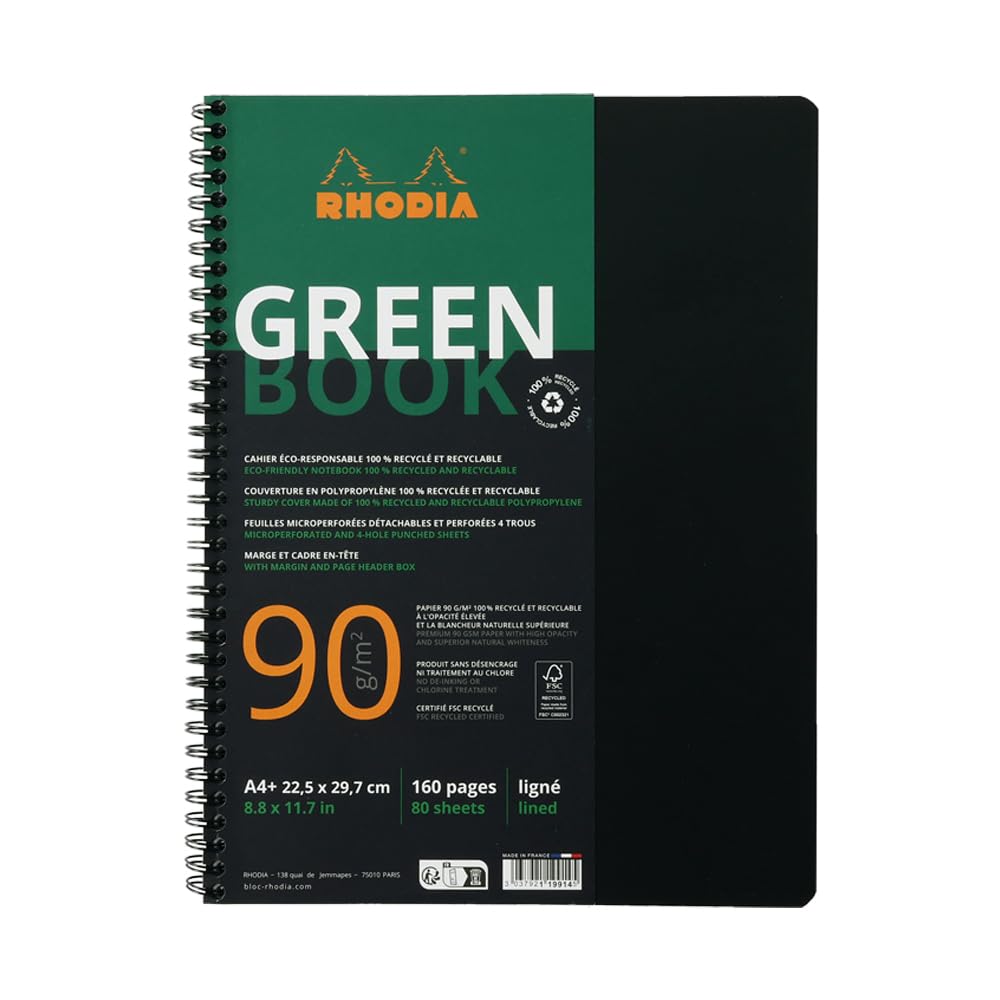 RHODIA 119914C - Greenbook notebook 100% Recycled A4+ 22.5 x 29.7 cm - Ruled -160 Detachable pages Perf. 4 Holes - Recycled paper 90 g/m² FSC® - Black Polypro